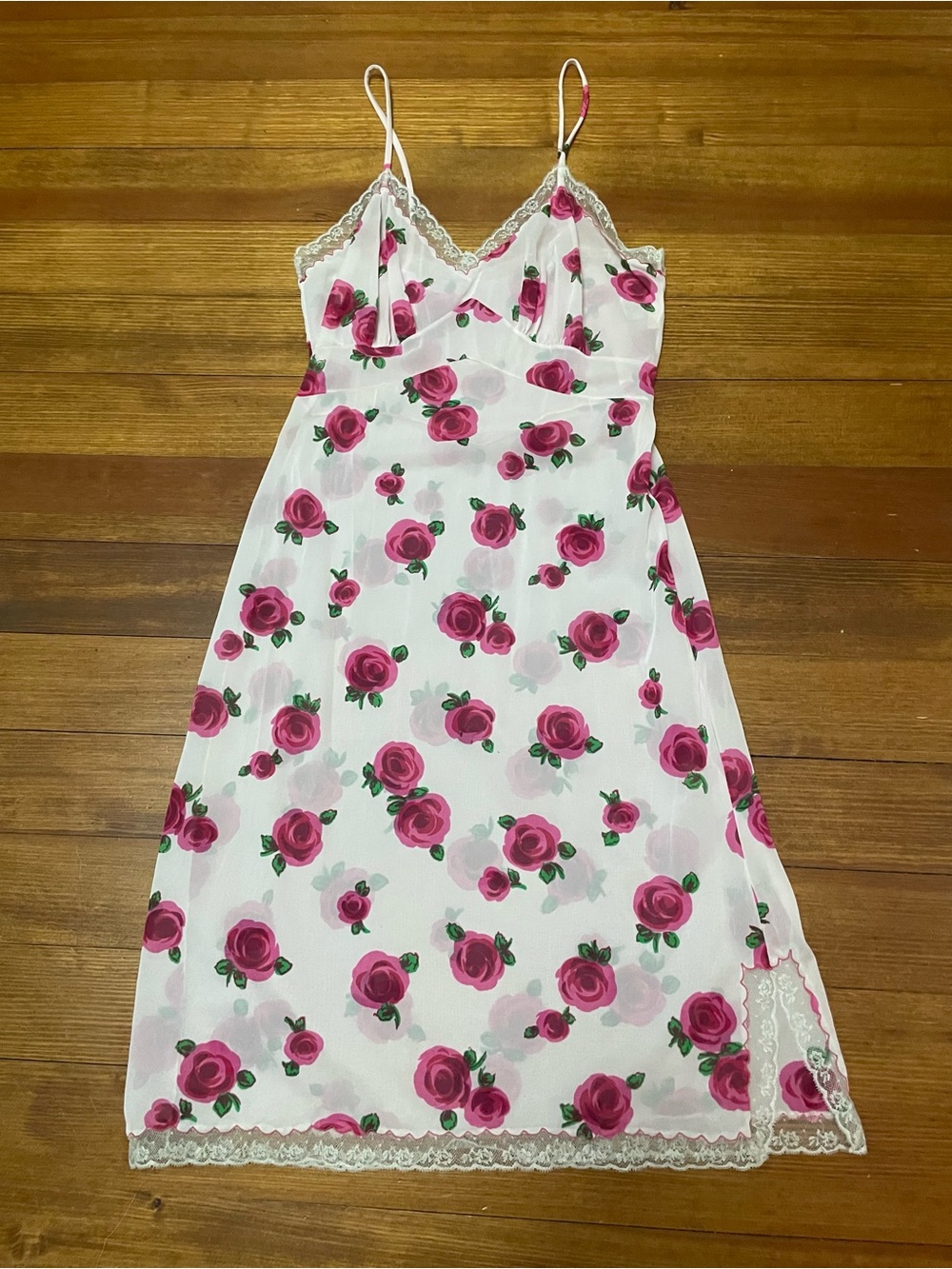 Vintage Saks Fifth Avenue Trillium Pink Rose Print Slip with Lace Accents
